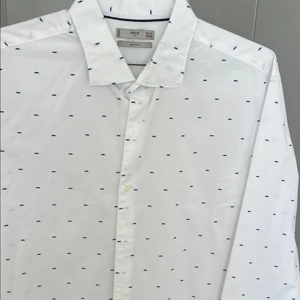 Mango White Long-Sleeve Dress Shirt with Navy Micro-patern - Picture 2 of 5